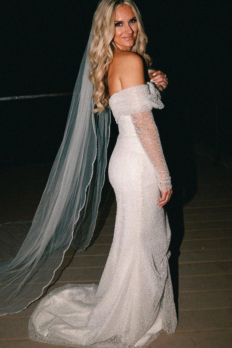 Sparkly Mermaid Off the Shoulder Long Sleeves Sequins Wedding Dresses  AB081910  Anniebride