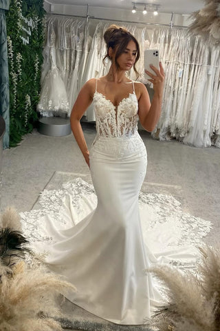 Elegant Mermaid V Neck Elastic Satin Wedding Dresses with Appliques AB25050203