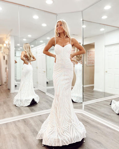 Charming Mermaid V Neck White Sequins Long Prom Dress AB24111419