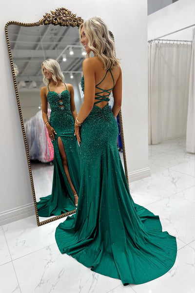 Sweetheart Spaghetti Straps Keyhole Green Long Prom Dress with Slit AB26020901