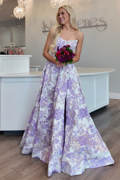 Gorgeous A Line Scoop Neck Lavender Jacquard Satin Prom Dress with Slit AB26042106