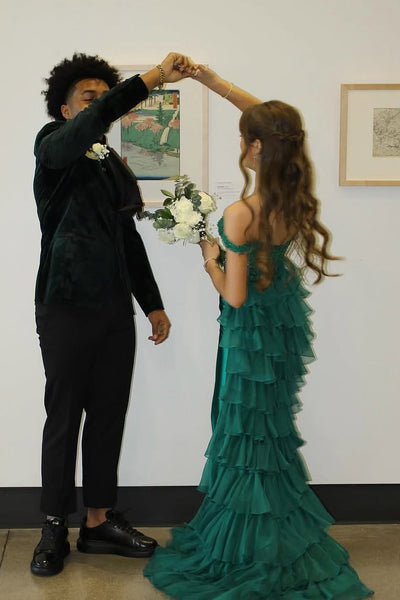 Cute Mermaid Off the Shoulder Green Satin Long Prom Dress with Ruffled Train AB25050211