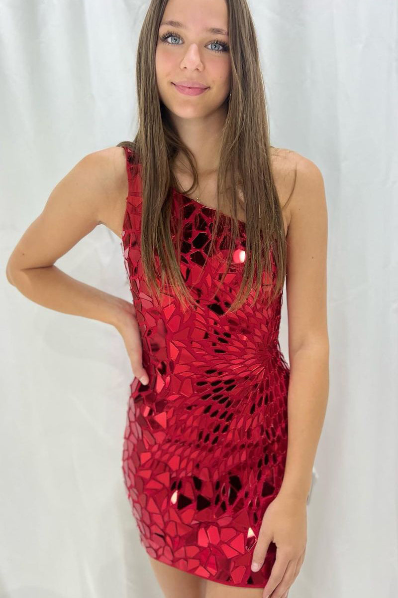 Cute One Shoulder Dark Red Beaded Short Homecoming Dresses AB090803