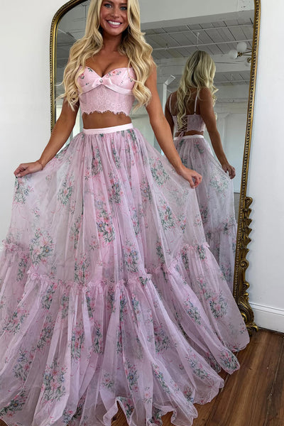 Two Piece A Line Sweetheart Pink Floral Tulle Tiered Prom Dress AB26040109