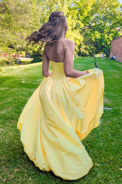 A Line Strapless Yellow Satin Slit Prom Dress with Slit AB26033010