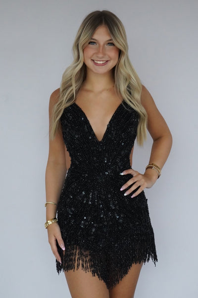 Sparkly Bodycon V Neck Black Sequins Homecoming Dress with Beading AB26080604