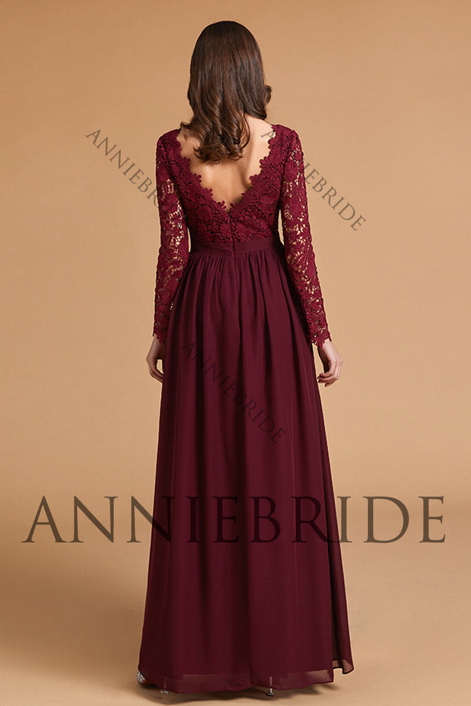 Elegant A Line V Neck Long Sleeves Burgundy Chiffon Bridesmaid Dresses with Lace ABBD061808 Anniebride Elegant A Line V Neck Long Sleeves Burgundy Chiffon Bridesmaid Dresses with Lace ABBD061808 Anniebride