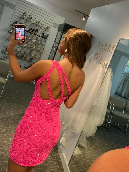 Cute One Shoulder Hot Pink Sequins Short Homecoming Dresses AB081614