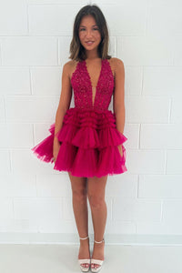 Cute A Line V Neck Fuchsia Tulle Short Homecoming Dresses with Beading AB24081801