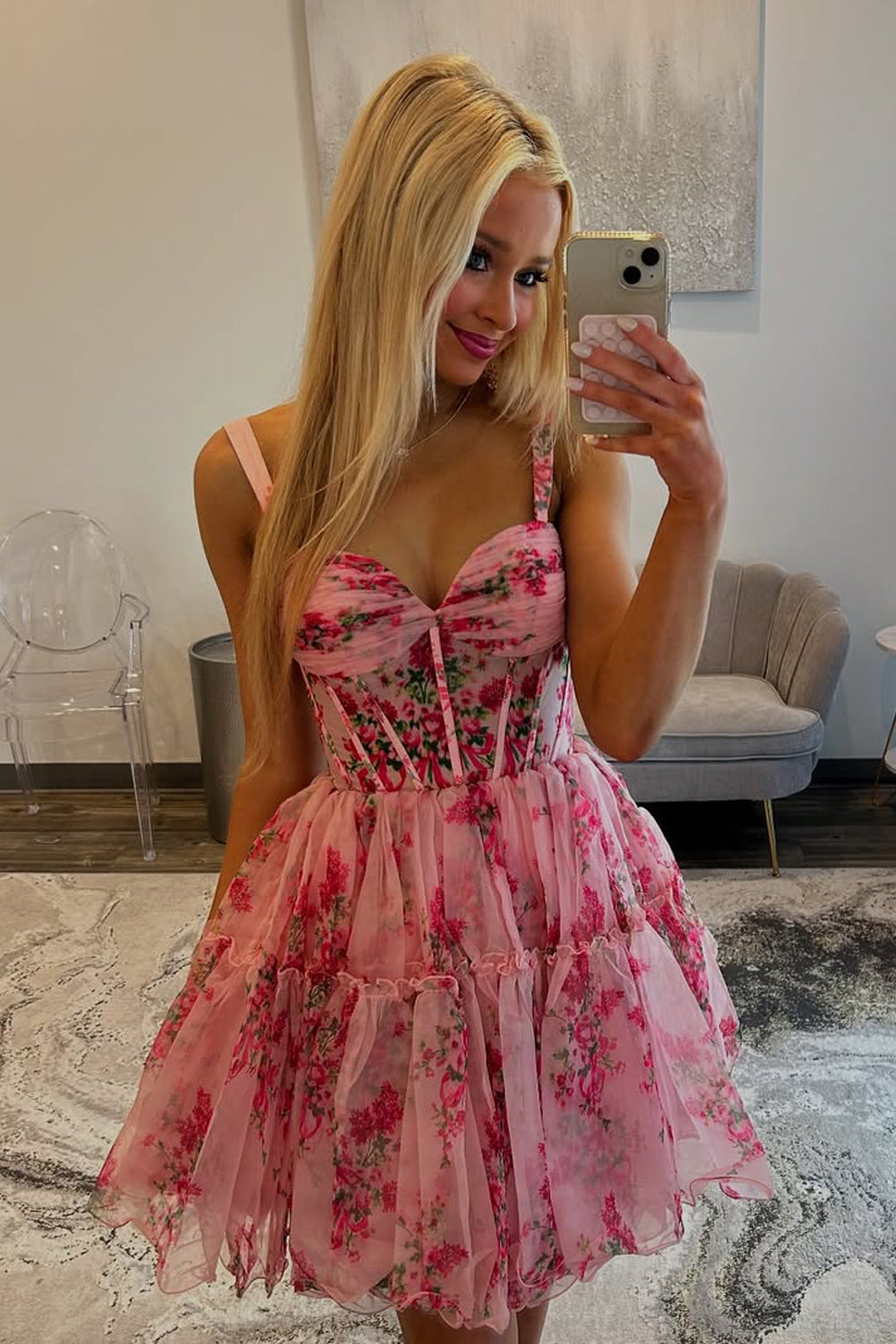 Cute A Line Sweetheart Pink Floral Chiffon Short Homecoming Dress AB062703