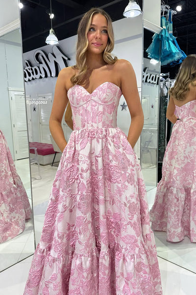 Cute A Line Sweetheart Pink Jacquard Satin Long Prom Dress with Pockets AB25010604