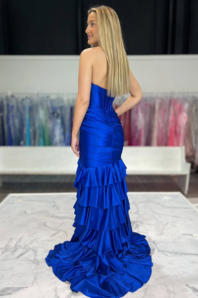 Mermaid Strapless Royal Blue Satin Ruffle Tiered Long Prom Dresses with Slit AB25032103