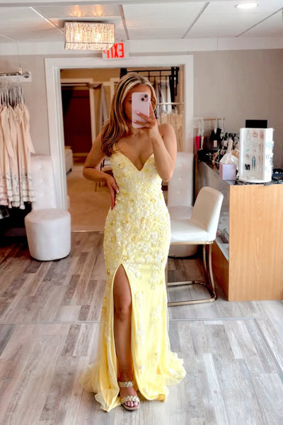 Fashion Mermaid V Neck Daffodil Lace Prom Dress with Slit AB26040505