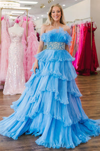 Fairy Ball Gown Strapless Blue Organza Long Prom Dresses with Beading AB102904