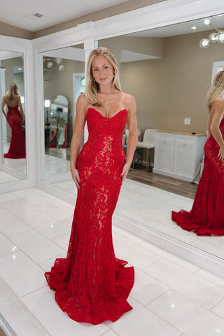 Charming Mermaid Sweetheart Neck Red Lace Long Prom Dress AB25100402