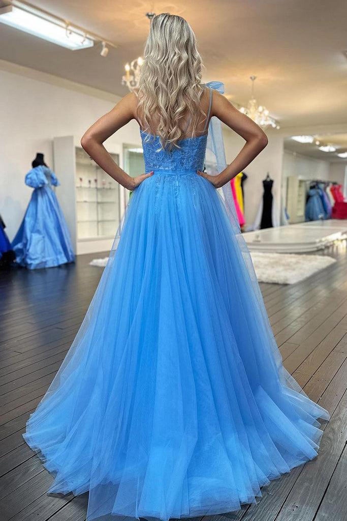Cute A Line One Shoulder Blue Tulle Prom Dress with Appliques AB4011704