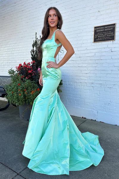Mermaid Square Neck Mint Satin Long Prom Dress with Beading AB26031908
