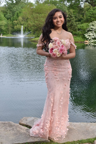 Mermaid Off the Shoulder Blush Pink Lace Long Prom Dress AB26070516