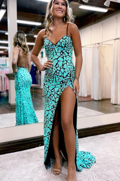 Charming Mermaid V Neck Fuchsia Sequins Long Prom Dress with Slit AB120601