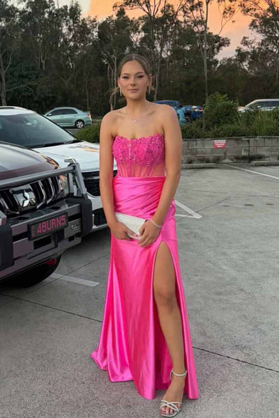 Charming Mermaid Strapless Pink Satin Slit Prom Dress with Appliques AB26102910