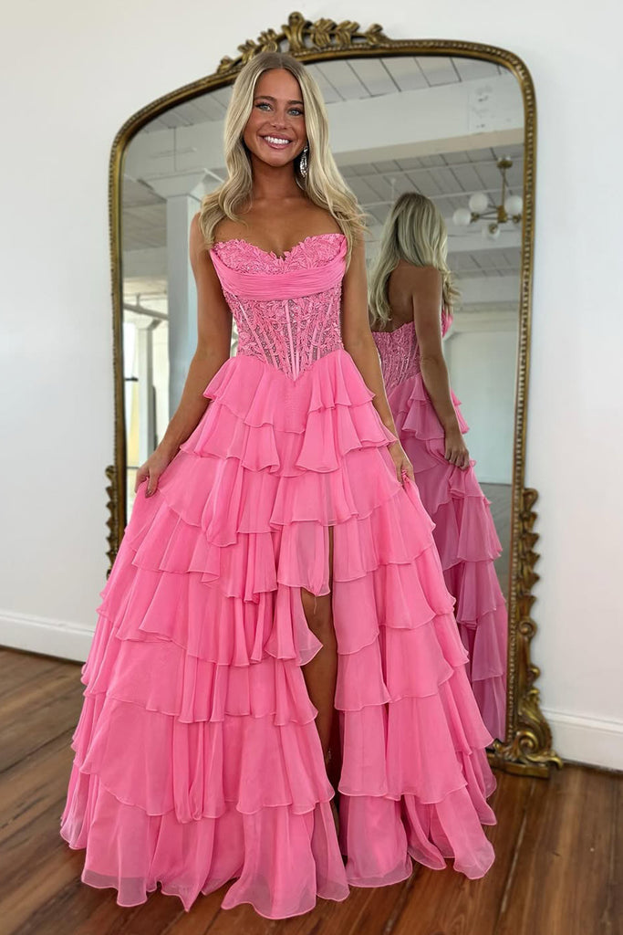 Cute A Line Sweetheart Chiffon Tiered Prom Dress with Appliques