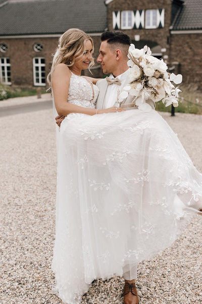 Fairy A Line V Neck Tulle Lace Wedding Dresses with Appliques ABWD061829