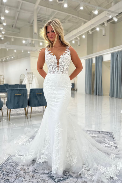 Elegant Mermaid V Neck Lace Wedding Dress with Appliques AB26051705