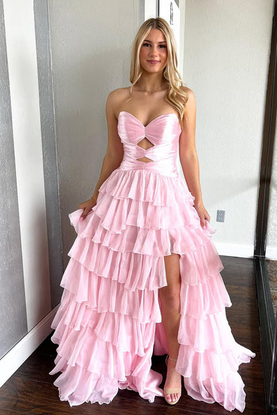 Cute A Line Sweetheart Pink Chiffon Tiered Prom Dress with Slit AB25121504