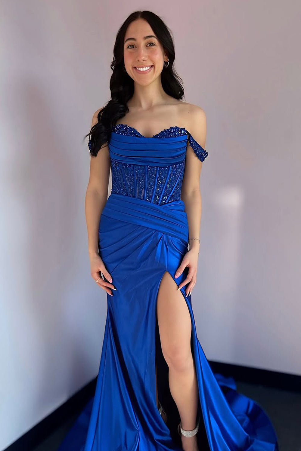 Mermaid Off the Shoulder Royal Blue Sequin Satin Long Prom Dresses with Slit AB25031806