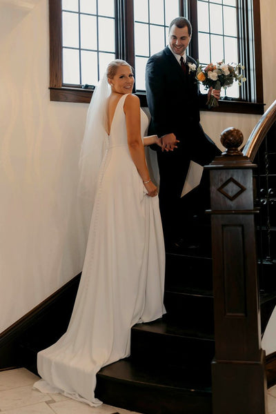 Simple Sheath V Neck Elastic Satin Long Wedding Dresses AB24101405