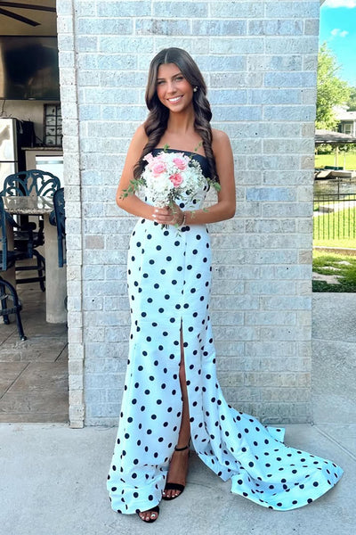 Cute Mermaid Strapless White Black Dot Satin Prom Dress with Slit AB26050707