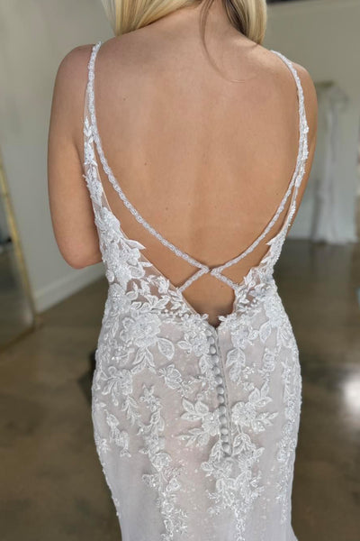 Elegant Mermaid V Neck Lace Bridal Dresses AB24102714