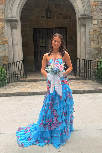 Mermaid Strapless Blue Floral Chiffon Tiered Prom Dress with Slit AB26060109