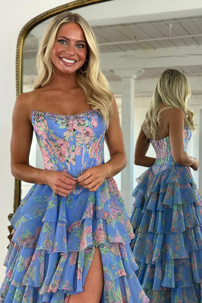Cute A Line Strapless Dusty Blue Floral Chiffon Tiered Prom Dress with Beading AB25102901