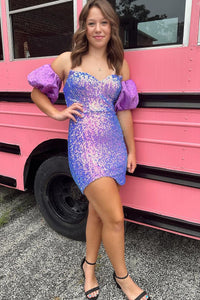 Cute Bodycon Strapless Purple Sequins Short Homecoming Dresses with Short Ruffled Sleeves AB081402
