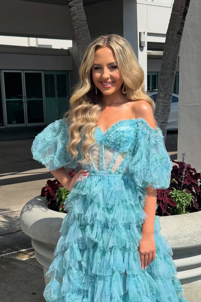 Cute A Line Sweetheart Off the Shoulder Tiered Tulle Long Prom Dresses AB25071107