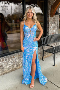 Charming Mermaid V Neck Blue Sequins Long Prom Dress with Slit AB4011003