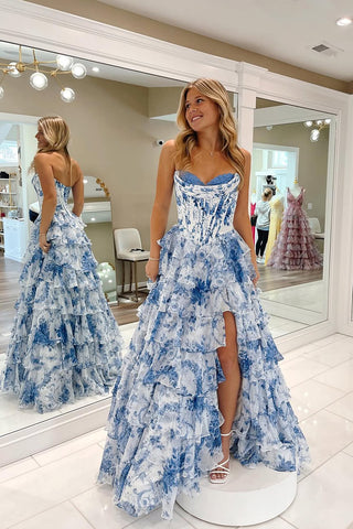A-Line Sweetheart Floral Printed Ruffle Tiered Long Prom Dresses with Slit AB25031606