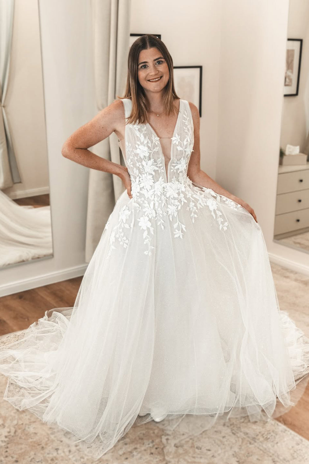 Fairy A Line V Neck Tulle White Wedding Dress with Appliques AB25090806