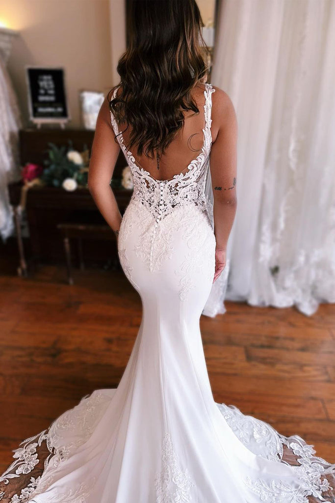 Gorgeous Mermaid V Neck Elastic Satin Wedding Dresses with Appliques ABWD061827 Anniebride Gorgeous Mermaid V Neck Elastic Satin Wedding Dresses with Appliques ABWD061827 Anniebride
