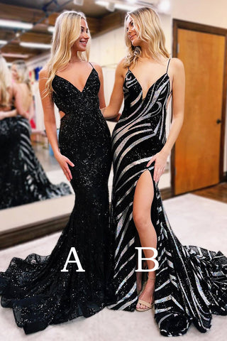 Cute Mermaid V Neck Black Sequins Long Prom Dresses AB122401