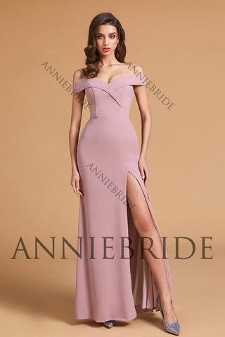 Elegant Sheath Off the Shoulder Blush Pink Elastic Satin Long Bridesmaid Dresses with Slit ABBD061807