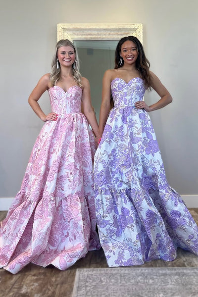 Cute A Line Sweetheart Purple Jacquard Satin Long Prom Dress with Pockets AB25020101