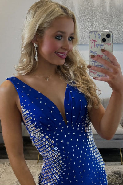 Gorgeous Mermaid V Neck Royal Blue Satin Prom Dress with Hot Stone AB25120601