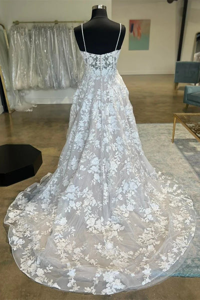 Bohemian A Line V Neck Lace Long Beach Wedding Dresses with Appliques AB24101906