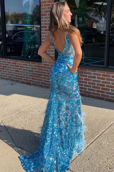 Charming Mermaid V Neck Blue Sequins Lace Long Prom Dress with Slit AB4021101