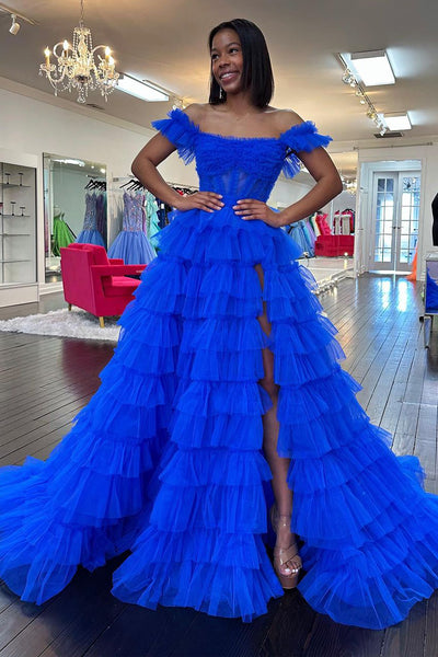 Ball Gown Sweetheart Royal Blue Tulle Prom Dress with Slit AB4012603