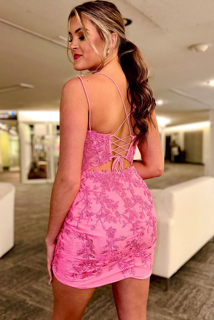 Cute Bodycon V Neck Hot Pink Lace Homecoming Dresses AB072901 Anniebride Cute Bodycon V Neck Hot Pink Lace Homecoming Dresses AB072901 Anniebride