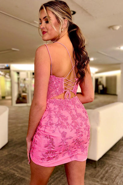 Cute Bodycon V Neck Hot Pink Lace Homecoming Dresses AB072901
