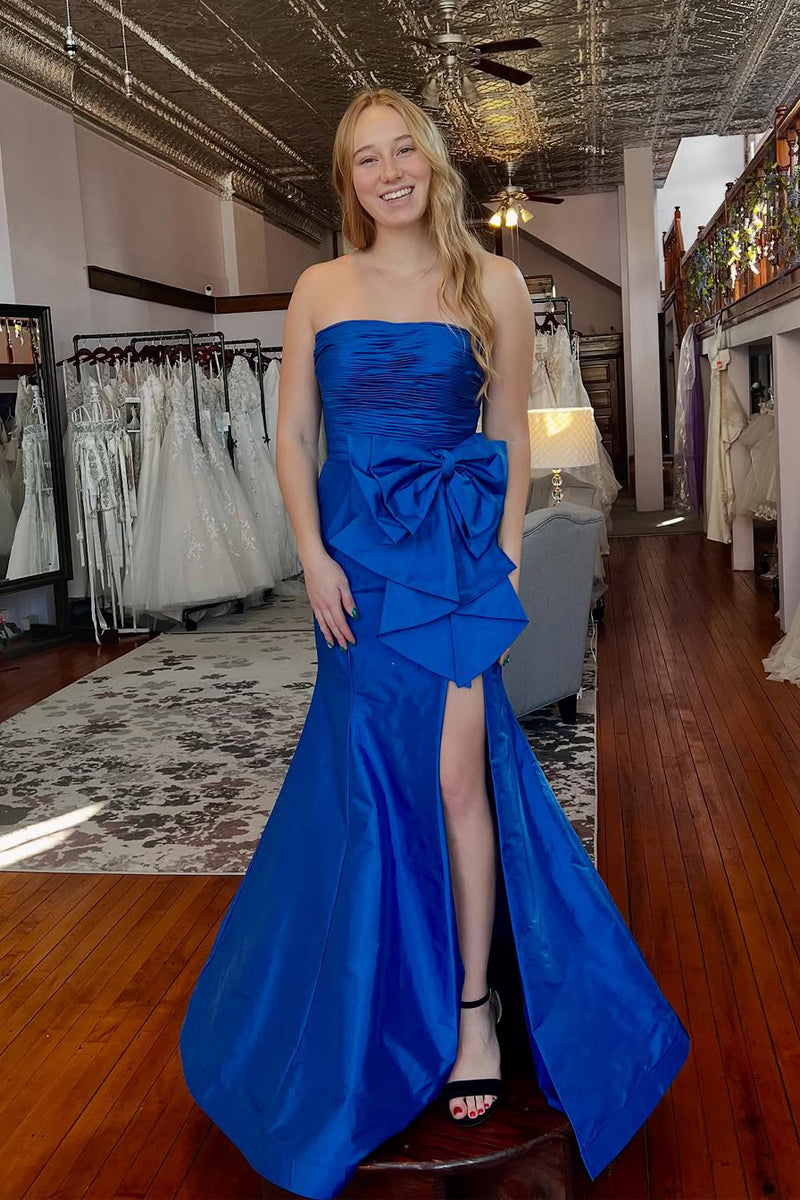 Cute Mermaid Strapless Royal Blue Satin Long Prom Dress with Bow AB25010405
